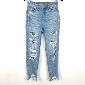 American Eagle Mom Jeans Stretch Distressed Light Wash Size 0